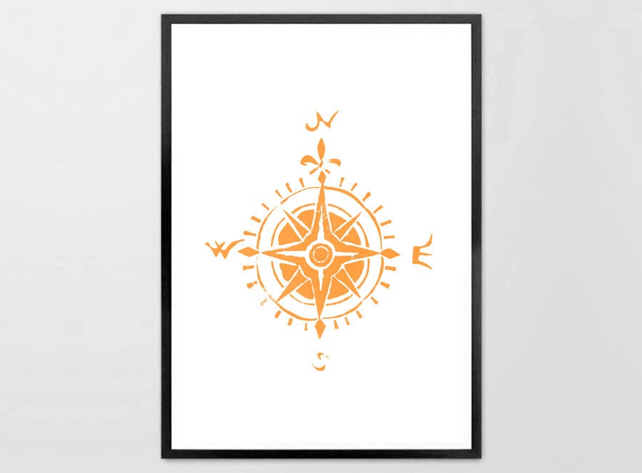 Compass print North South East West -  Linoleum Art Print orange