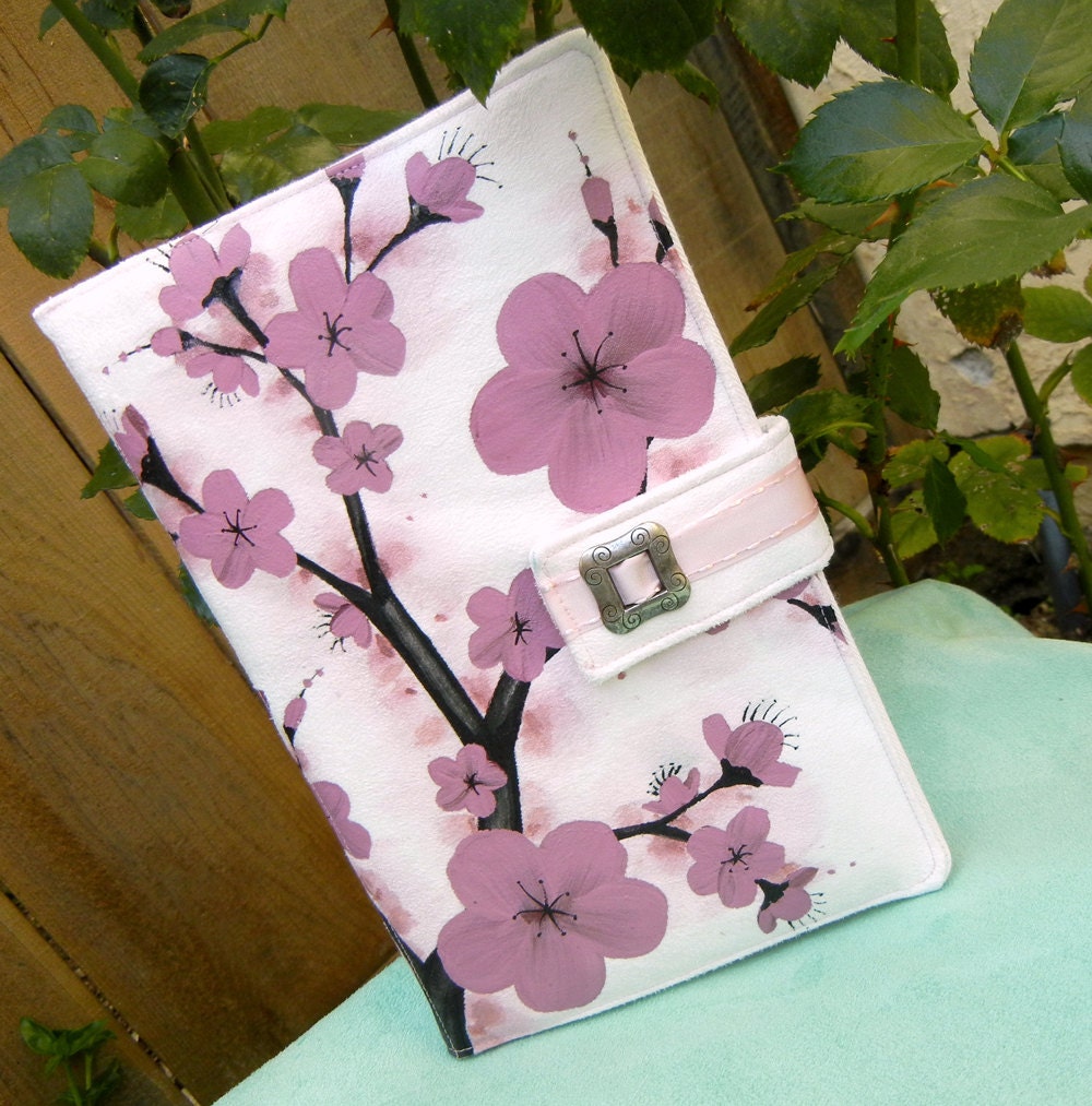 Kindle Fire Cover, Nook Cover, e-reader Cover-White and Pink Padded Book Style Cover Hand Painted with Cherry Blossoms