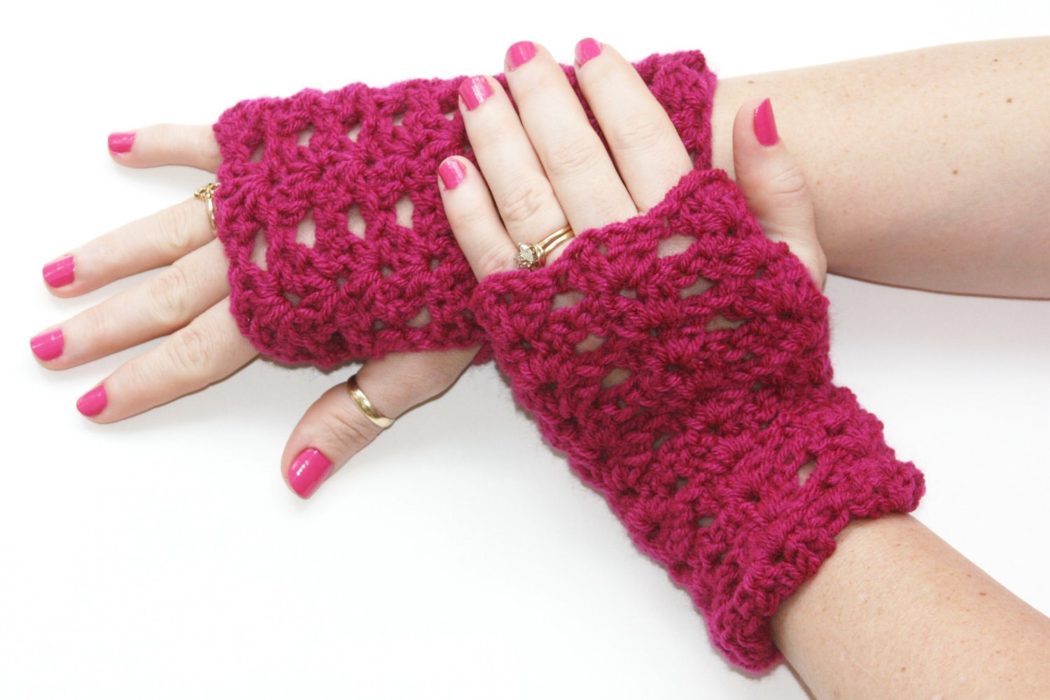 Fingerless gloves scalloped open weave hand warmers crochet in magenta purple dark pink