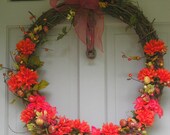 Red and Orange Jewel Tones Fall Wedding and Thanksgiving Wreath 18"