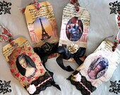 4 Hang Tags Vintage Style Shabby Primitive Tea Dyed Stamped  ooh la la