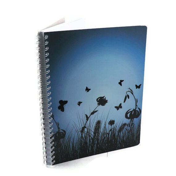 Flower Notebook, Blue, Blank Pages, Spiral Bound, Silhouette, Wildflowers, Different Colors Available