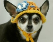 Dog hat crocheted, Sun Bonnet, small, Yellow with Blue and White Flower