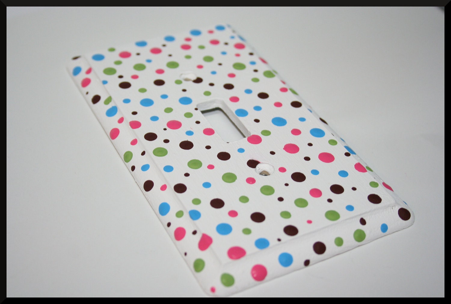 Single Toggle Light Switch Cover Polka Dotted Blue, Pink, Brown and Green- Other Cover Configurations Available