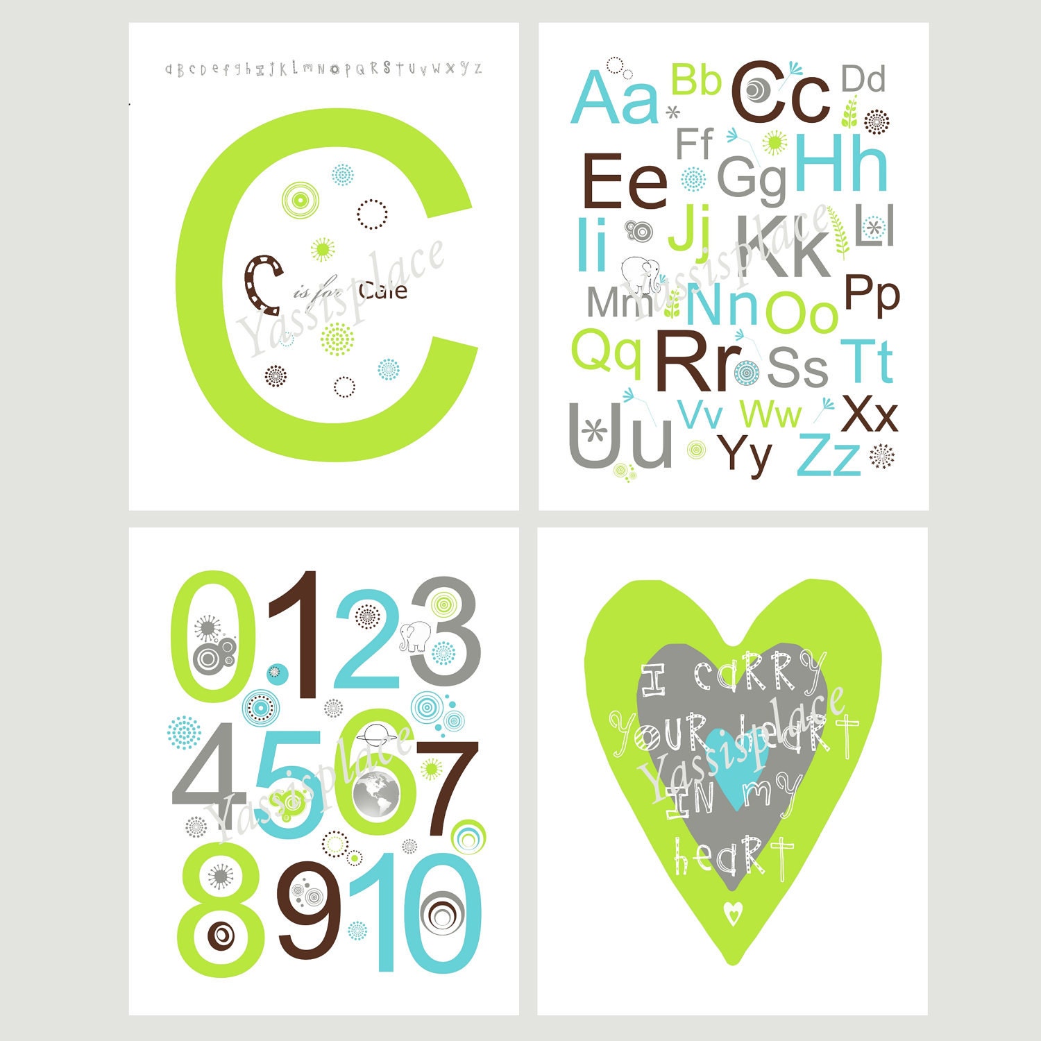 Alphabet and Numbers 4 pc Modern Children's Art in lime green, brown, gray, turquoise and grey 8x10