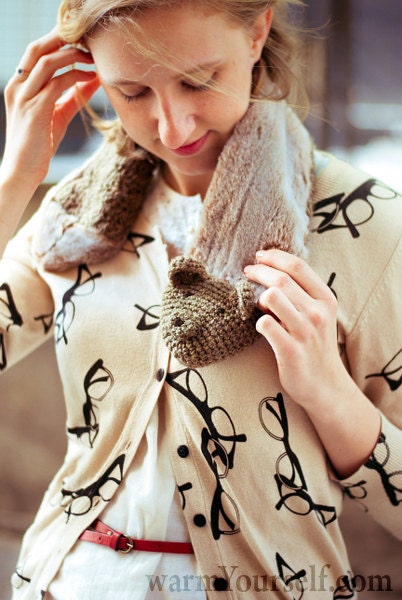 BEAR furry COWL Wholeyear Accessory Cold Days Crochet Shawl Furry Fur Woman Teens Cozy Brown Beige