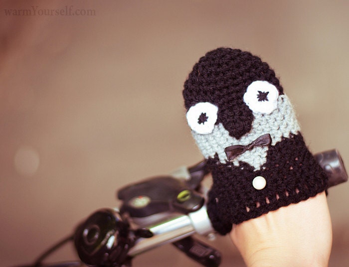 Ellegant PENGUIN BIKE HANDWARMERS Gloves Wool Crochet Cold Days Unisex Woman Man Teens Cozy Gift Black