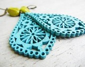 Leilani. Wooden folk earrings, bright turquoise filigree wood drops, long wooden dangle earring, green and blue, flower dangle. - lolitarose
