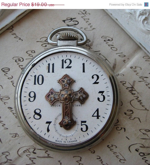 20% off EVERYTHING Steampunk Brooch GOTHIC brass cross antique pocket watch case face