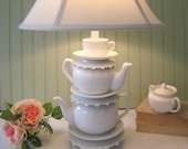 Teapot Lamp, Two TeapotsTea Cup and Saucers, "Alison" Series,  Alice in Wonderland Shabby Chic Country Beach Cottage - ThistleandJug