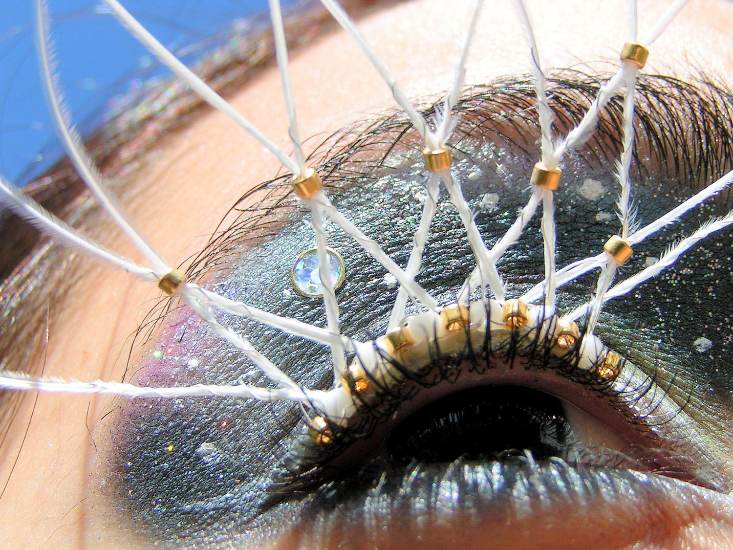 Feather Eyelash Jewelry - albino peacock spider webs with 24k gold plated beads, false eyelashes - EyelashJewelry