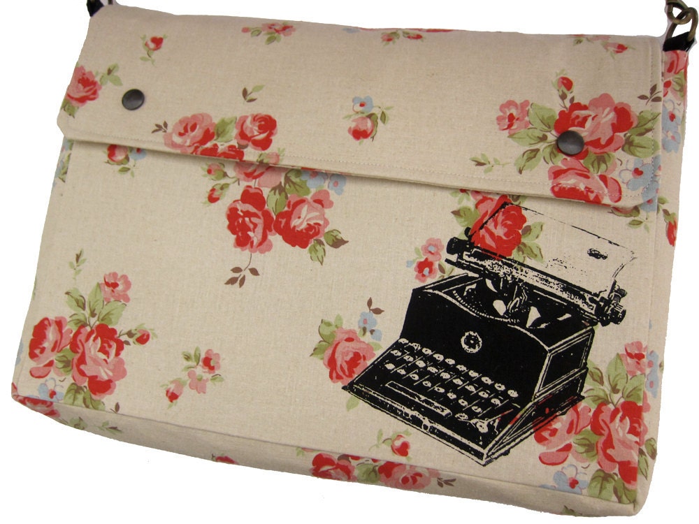 Messenger Bag Diaper Bag Laptop Bag Typewriter on Rose Floral Linen