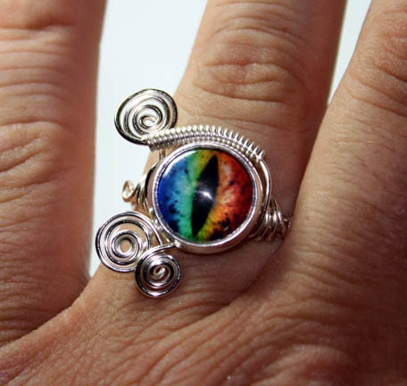 Adjustable Steampunk Wire Wrap Egyptian Eye of Horus Taxidermy Rainbow Evil Dragon Eye Ring