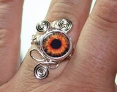 Adjustable Steampunk Wire Wrap Taxidermy Human Firey Eye Ring