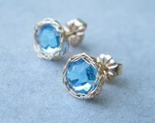 Aqua Blue Earrings, Swarovski Crystal Earrings, Crochet Gold Filled Wire Studs