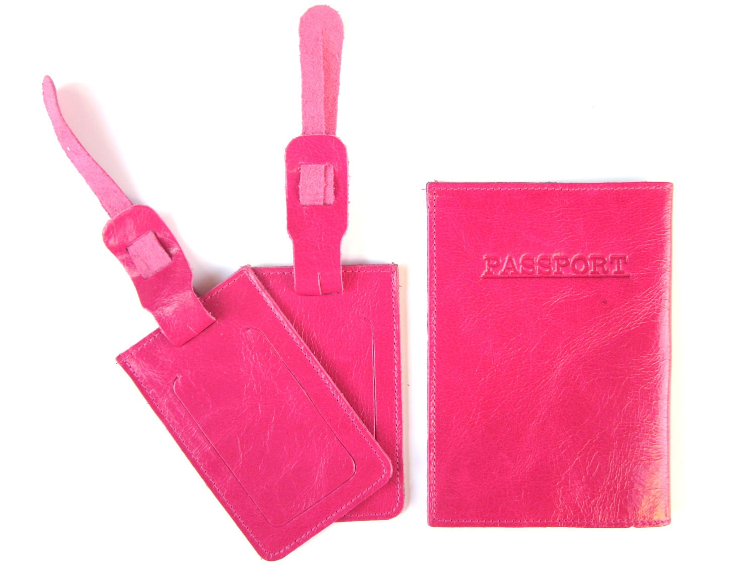 PASSENGER'S SET - passport leather cover & 2 Luggage tags - Hot Pink (No.2)
