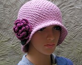 Ladies Hat - Girly Pink Year Round Chemo Hat / Cloche with Sweet Rose Flower - Soft and Cool for Summer - 100% Bamboo - Ready to Ship