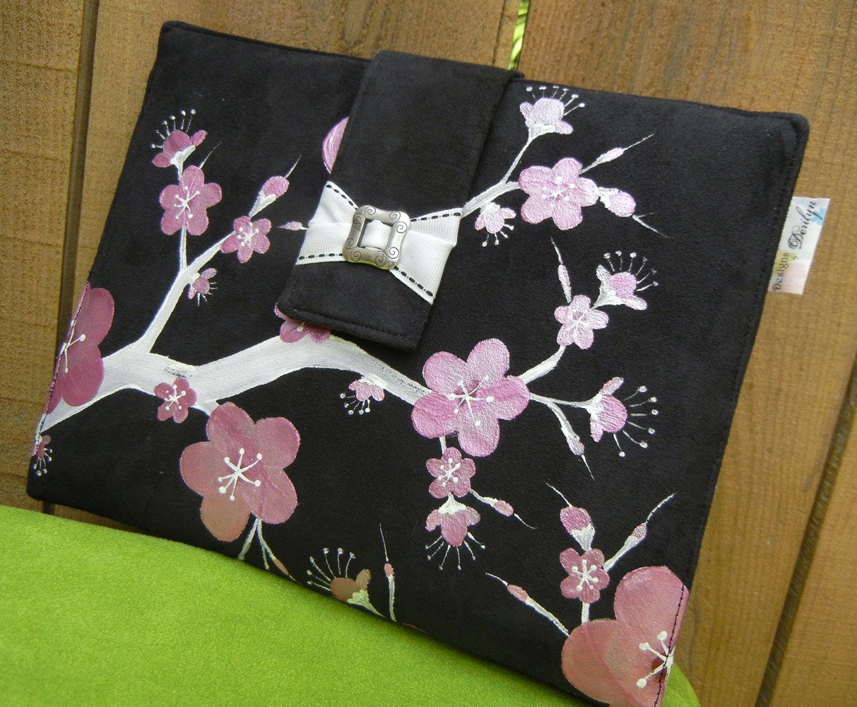 Book Style Cover and Easel Stand for Ipad 3, Xoom or other Tablet Computer with Hand Painted Cherry Blossoms