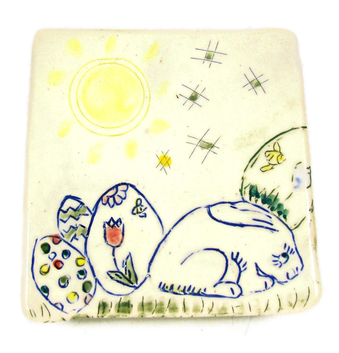 Bunny Square Plate - Handmade Ceramic - Ready to Ship Today -  Mishima Style