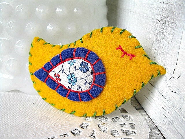 Bright, Yellow and blue, Bird Brooch - Handsewn felt and fabric, colorful, floral Pin