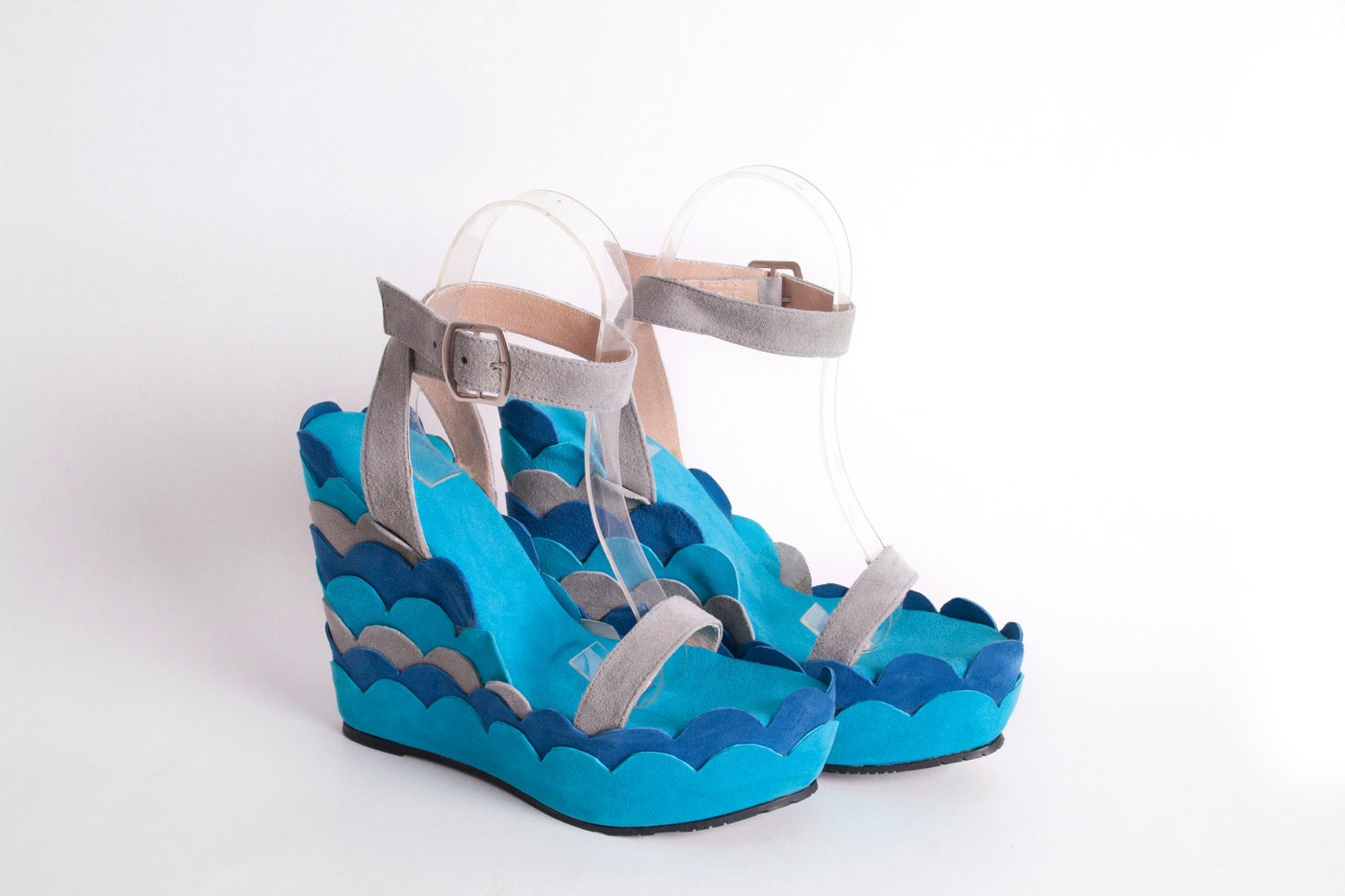 WEDGES - Wrapped leather platform, in blue and grey - made to order - NorTin