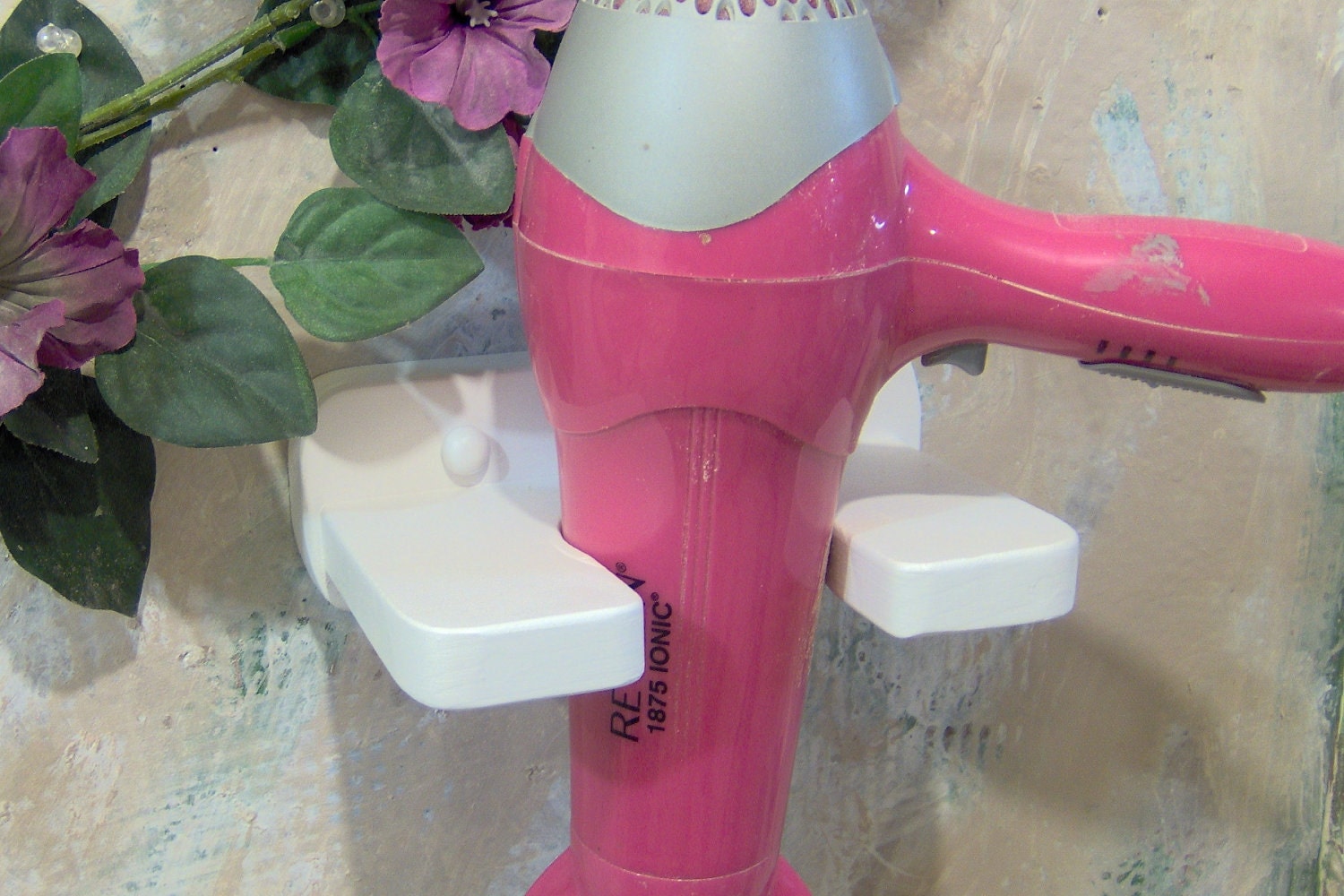 White hair blow dryer open face holder wood