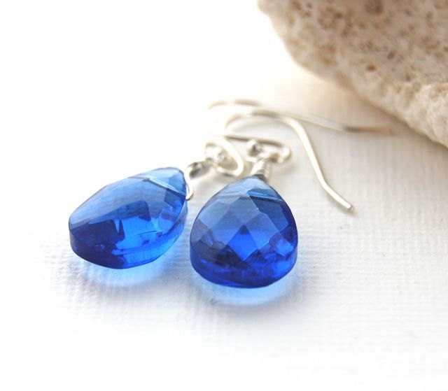Sapphire Blue Dangle Earrings Sterling Silver Wire Wrapped Fashion Under 30 - LoveandCherish