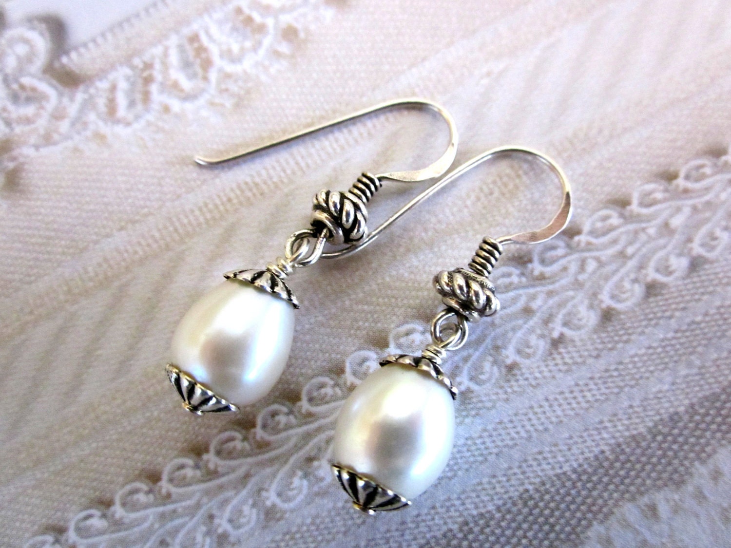 White Pearl and Sterling Drop Earrings, Handmade