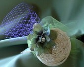 Hair bridal accessories, Ivory Fascinator , Bridal Party Headpiece,Fascinator, Purple netting, crystal dahlia, green tulle