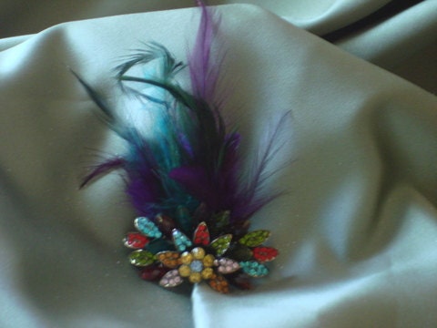 Hair bridal accessories, Feathered barrette, Bridal Party Headpiece, colored rhinestone barrette with feathers