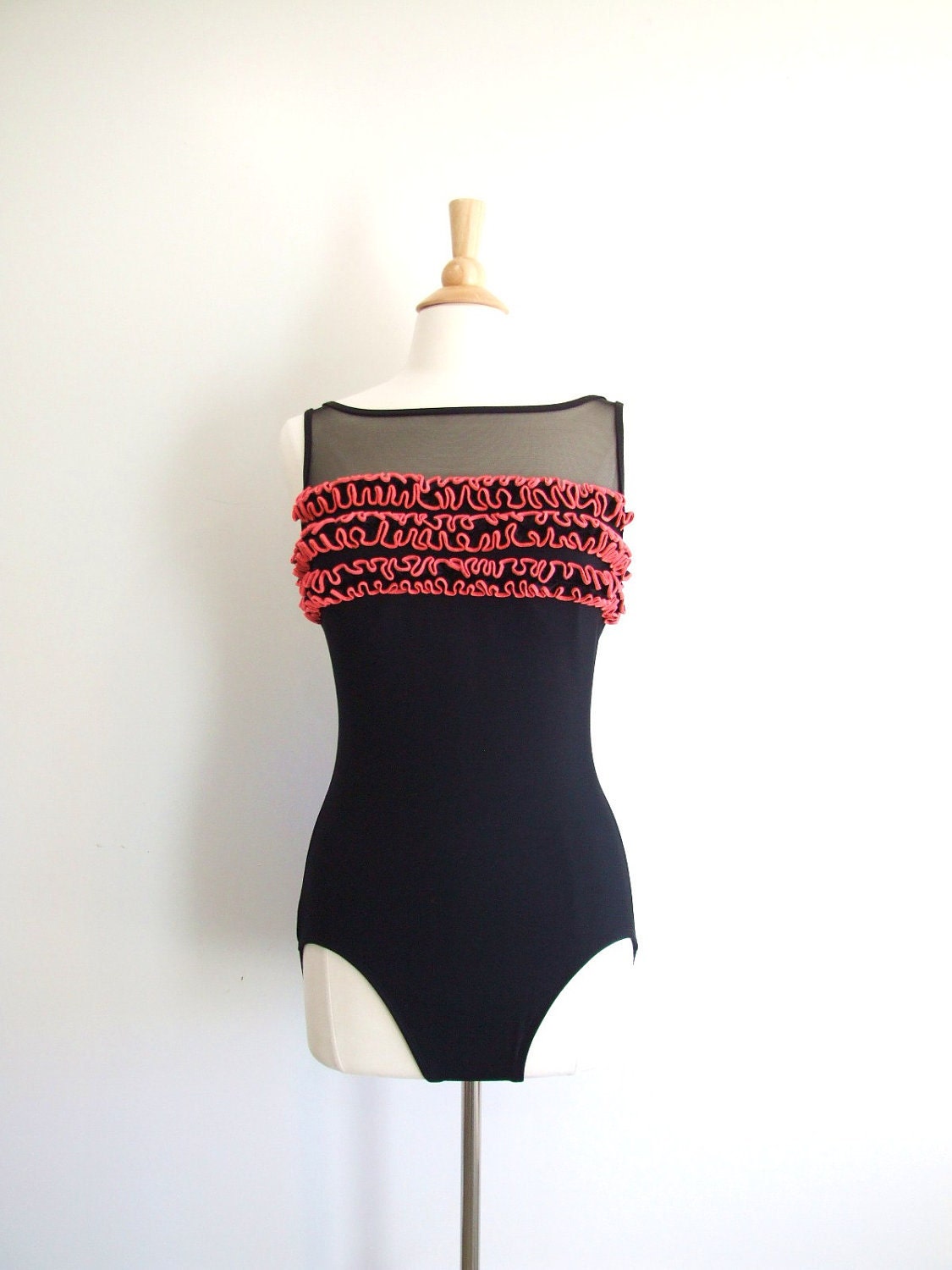 Vintage Black Swimsuit Ruffled One Piece Bathing Suit - M