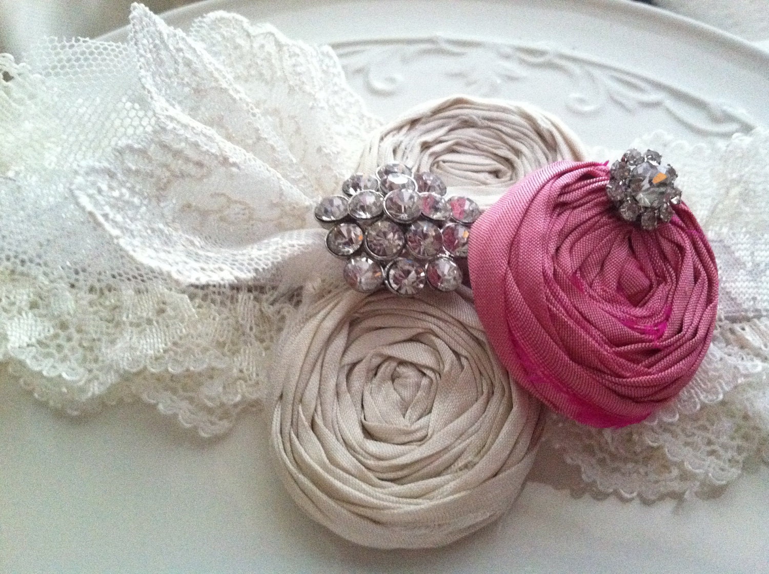 Lace Garter Pink Wedding Garter FREE U.S. SHIPPING Vintage Inspired Lace and Silk Honeysuckle Pink and Ivory Cream Rosettes with Rhinestones