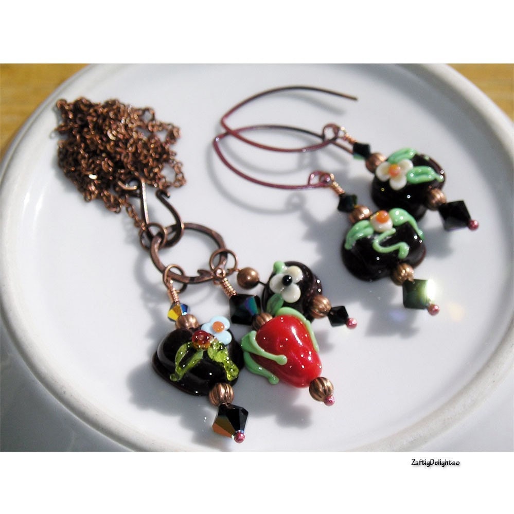 Necklace Earrings Set, Lampwork Glass Candies Beads, Chocolates, Strawberry, Bon Bons, Brown Red, Antique Copper Settings