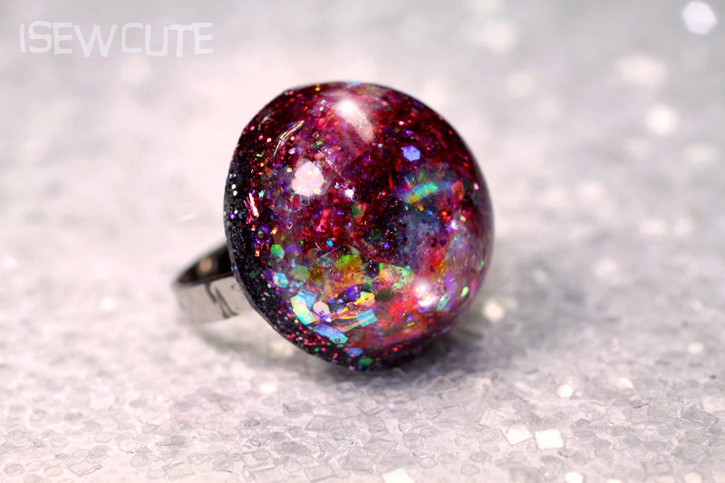 Summer Vacation Jewelry Beach Friendly Glitter Resin Ring Rose Pink Silver Black Various Color Modern Dome
