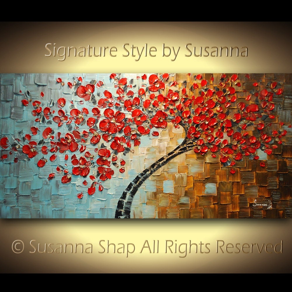 ORIGINAL Large Abstract Contemporary Red Cherry Blossom Tree Oil Painting Thick Texture Gallery Fine Art by Susanna Ready to Hang 48x24