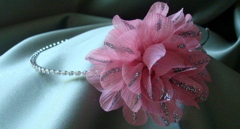 Hair bridal accessories, Bridal Party Headpiece, Pink Flower with silver glitter on Rhinestone Headband
