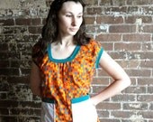 Orange Floral and Turquoise Smocked Tunic Top with Yellow and White Polka dot Pockets in Medium. One of a kind// by Nicoles Threads
