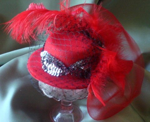 Hair bridal accessories, Bridal party hat headpiece,fascinator, Red tiny hat with ostrich plumes, Black sequin trim and black brooch