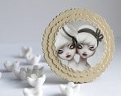 sale - 20%OFF - Conjoined Twins - cameo brooch, paper jewelry - illustrated freak show - ivory, round
