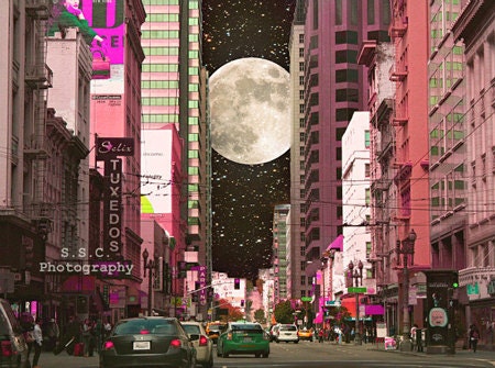 San Francisco Photo. City Photo."Girl's Night Out" 8.5x11inch dreamy photo. pink. purple. silver. black. night. moon. stars. buildings.