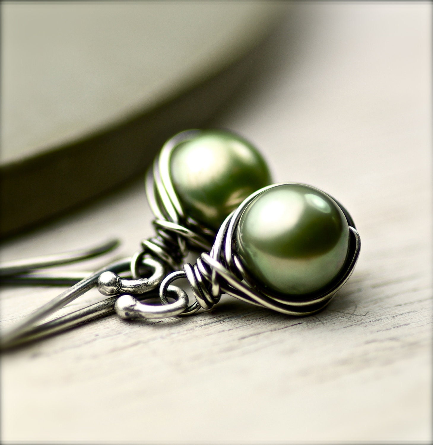 Sage Spring Green Freshwater Pearls Wire Wrapped Earrings on Oxidized Sterling Silver - PoppyLayne