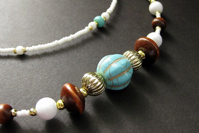 Turquoise and Wood Eyeglass Chain Beaded in White and Gold. Eyeglass Chains by Gilliauna