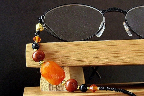 Eyeglass Holder, Beaded, Harvest Orange. Handmade Artisan Jewelry