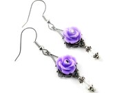 Filigree Flower Dangle Earring - Antique Silver, Lilac & Crystal - Kiss from a Rose - Charming Vintage Collection