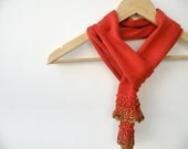 Hand Knit Ascot - Burnt Orange Scarf with Brown Wooden Beaded - ArzuMusaKnitting