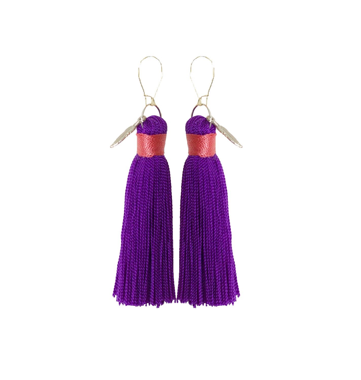 Mini Fringe Tassel Earrings Purple and Coral