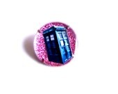 Blue Police Box Doctor Who Inspired Pin, Pink Glitter, Sparkly One-Inch Brooch Badge