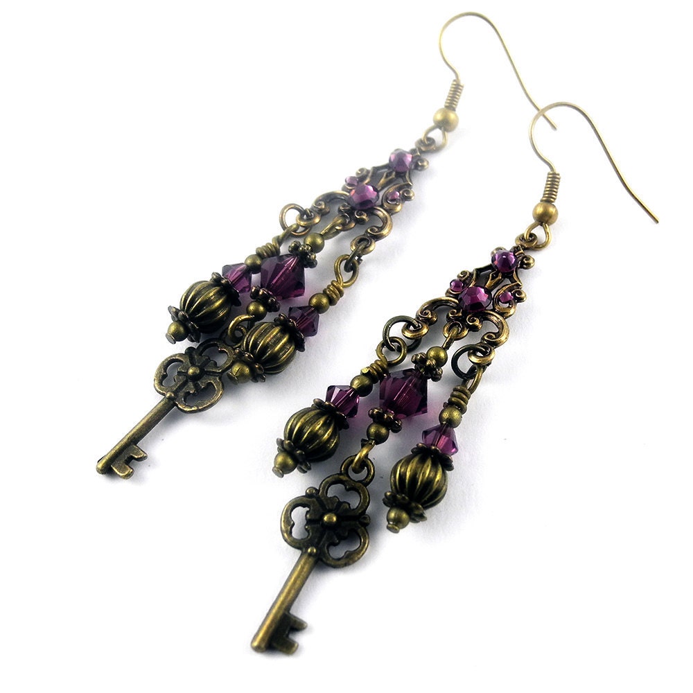 Chandelier Key Earring - Antique Brass & Amethyst - Dangling Key - Steampunk Diva Collection