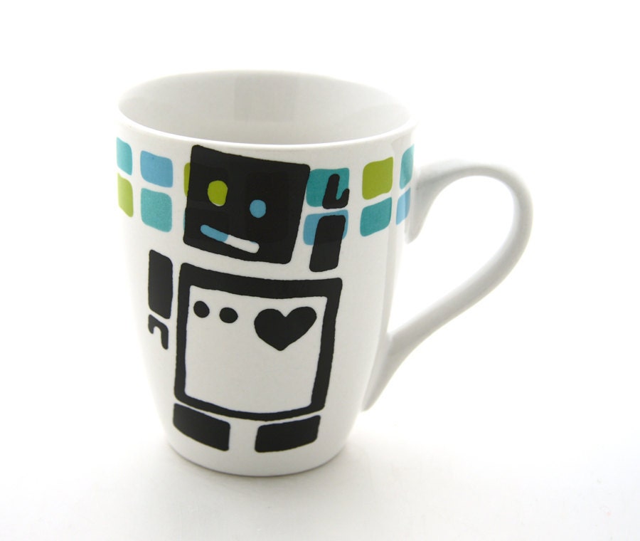 Robot mug with blue and green squares