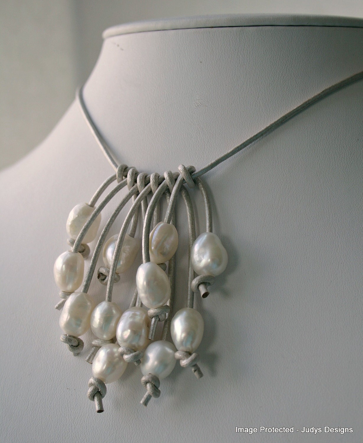 White pearl necklace, June birthstone, leather, large pearl, sterling silver - JudysDesigns